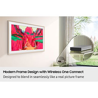Modern Frame Design. Designed to look like a slim picture frame. Side view of The Frame is installed tightly to a living room wall. Close-up of the Wireless One Connect box placed on side table.