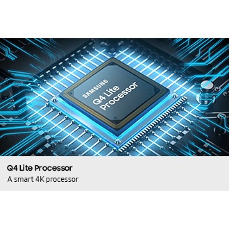 A Samsung Q4 Lite Processor chip is laid out on a TV's main board with glowing power lines.