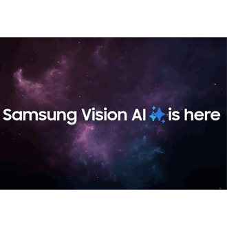 Samsung Vision AI is here logo against a galaxy background.