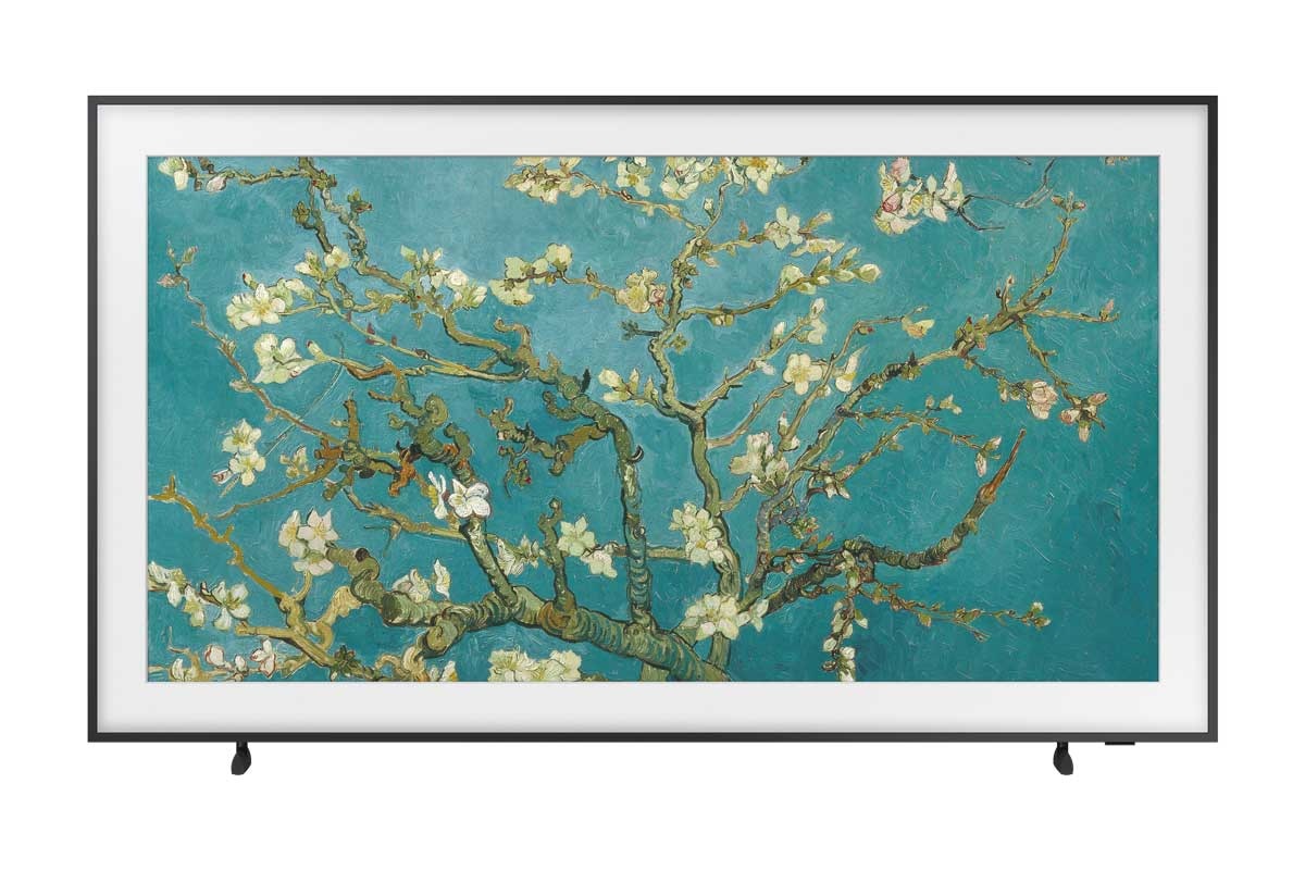 Buy The Frame TV 2022 at best price in Malaysia. Samsung The Frame 85 Inch TV in black is seen from the front displaying Mona Lisa portrait in matte finish