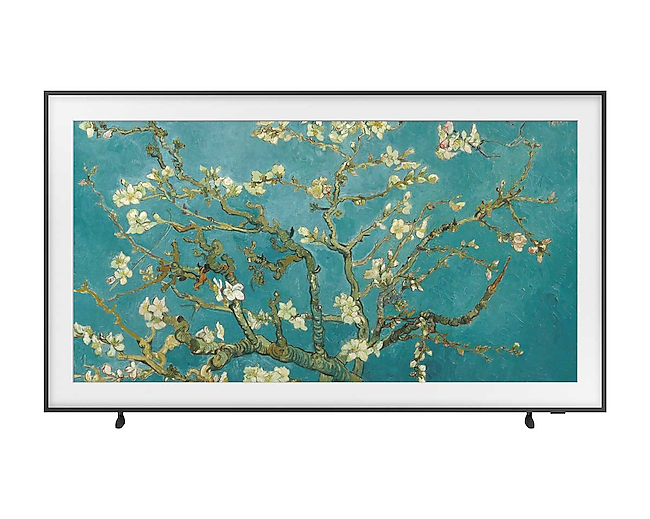 Buy The Frame TV 2022 at best price in Malaysia. Samsung The Frame 85 Inch TV in black is seen from the front displaying Mona Lisa portrait in matte finish