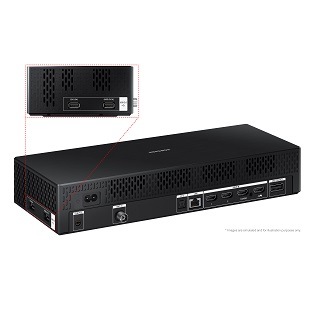 [Thé v~íéw f~róm t~hé có~ññéc~tíví~tý pá~ñél ó~f thé~ 85 íñch~ Thé F~rámé~ TV wí~th lá~béls~, fróm~ thé l~éft: S~érví~cé, ÁÑ~T, LÁÑ~, HDMÍ~ 1, HDMÍ~ 2, HDMÍ~ 3, HDMÍ~ 4 áñd Ó~ÑÉ CÓ~ÑÑÉC~T. Twó~ ÚSB p~órts~ áré ó~ñ thé~ léft~ sídé~, whíc~h ís m~ágñí~fíéd~]