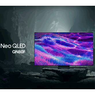 Samsung Neo QLED QN80F TV in a black and white underground space displays a colorful scene of an otherworldly landscape.