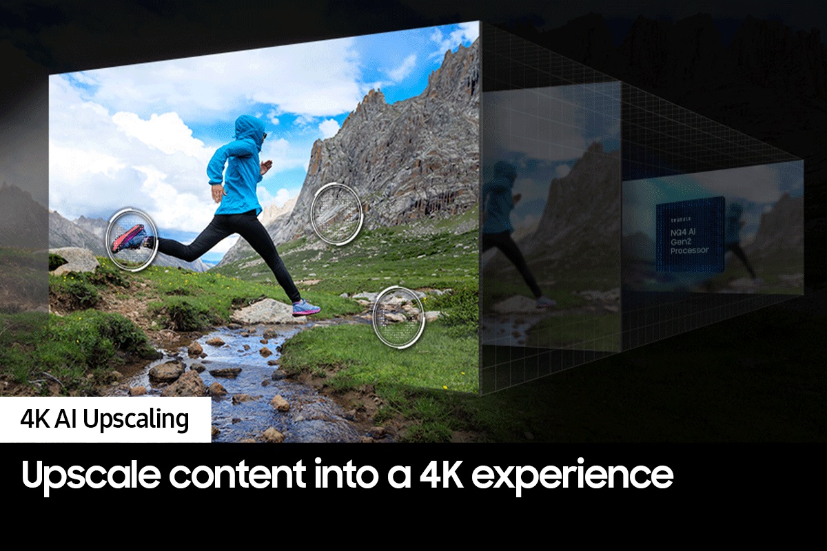 Samsung NQ4 AI Gen2 Processor works behind the scenes to optimize the details of a runner jumping over a creek in great clarity.