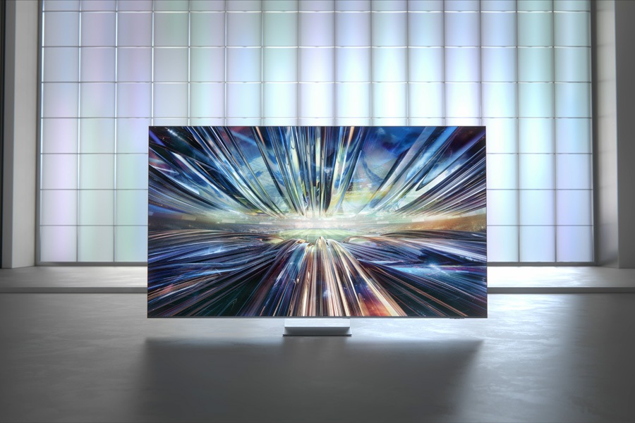 Flashy bright graphic is on display on a Neo QLED 8K TV screen.