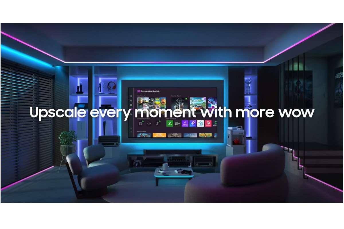 A Samsung AI TV displays the Samsung Gaming Hub. Upscale every moment with more wow.