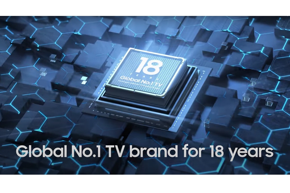 A glowing AI processor that powers a Samsung TV. Global No. 1 TV brand for 18 years.