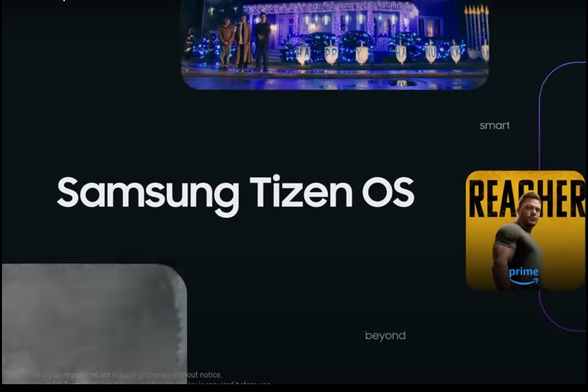 A Samsung Tizen OS screen displays content options.