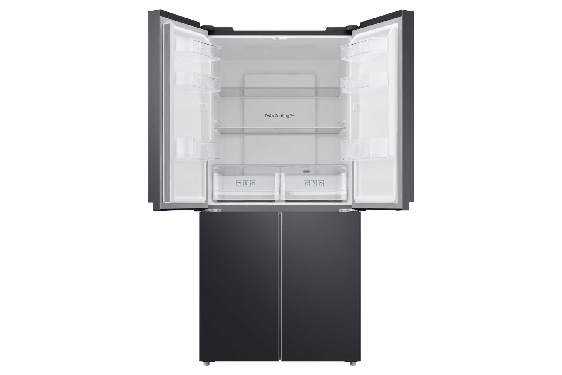 See the upper of Samsung French 4 Door Refrigerator (RF48A4000B4/ME) with two doors open and without foods inside & discover Twin Cooling Plus Technology!