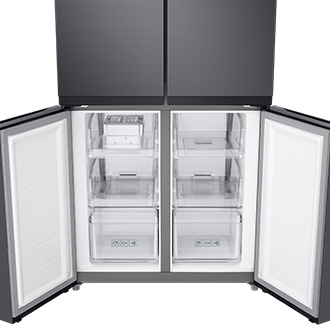See the freezer of Samsung French 4 Door Refrigerator with two doors open and without foods inside! Check out the fridge price at Samsung MY!