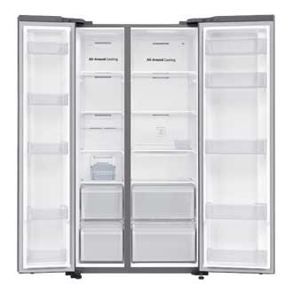 View the Samsung Side by Side Refridgerator with Family Hub in the front, open without foods and explore All around Cooling Technology at Samsung MY!