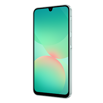 A front right view of a mint Samsung Galaxy A26 5G smartphone