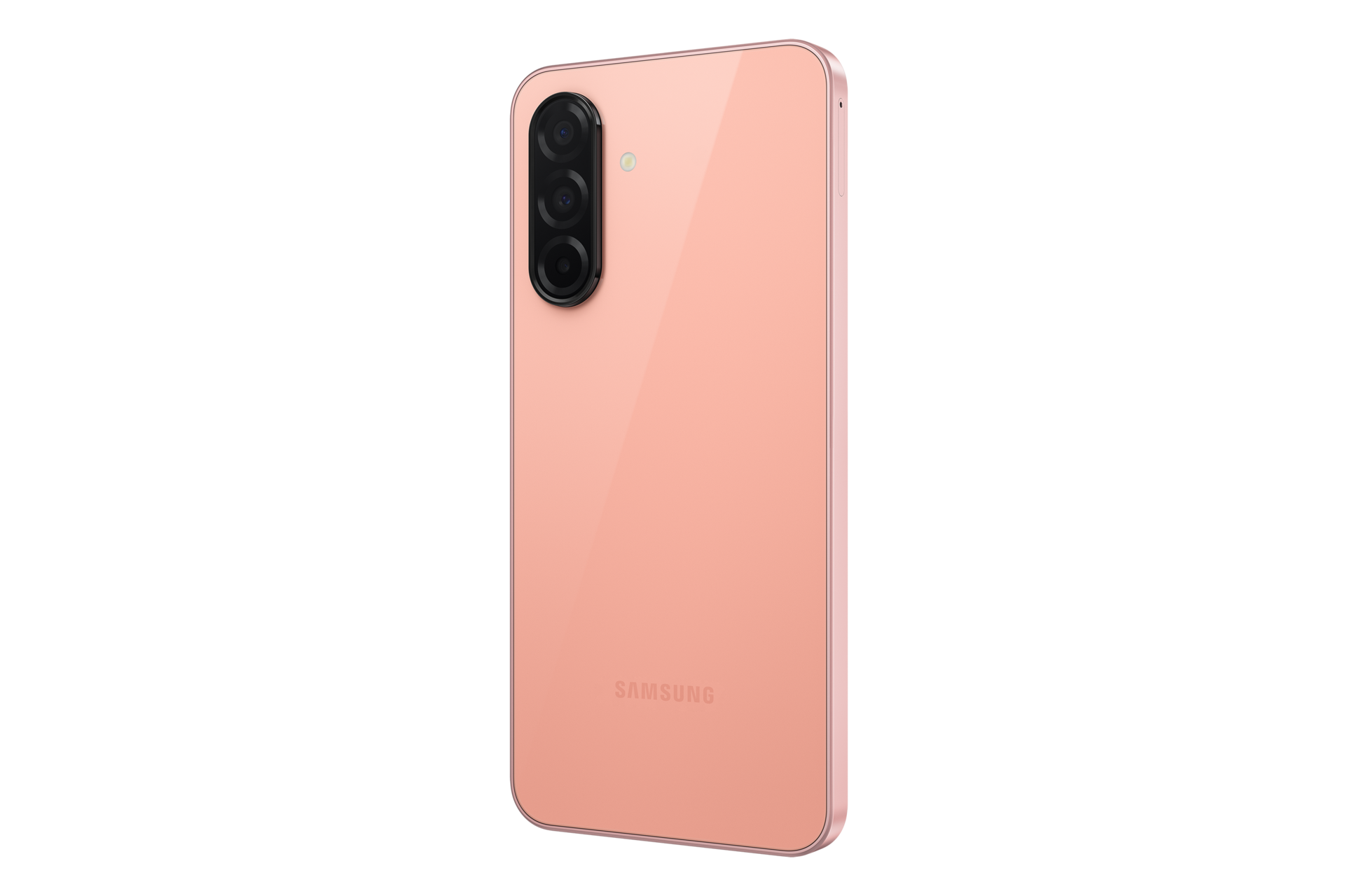 A back right view of a peach pink Samsung Galaxy A26 5G smartphone