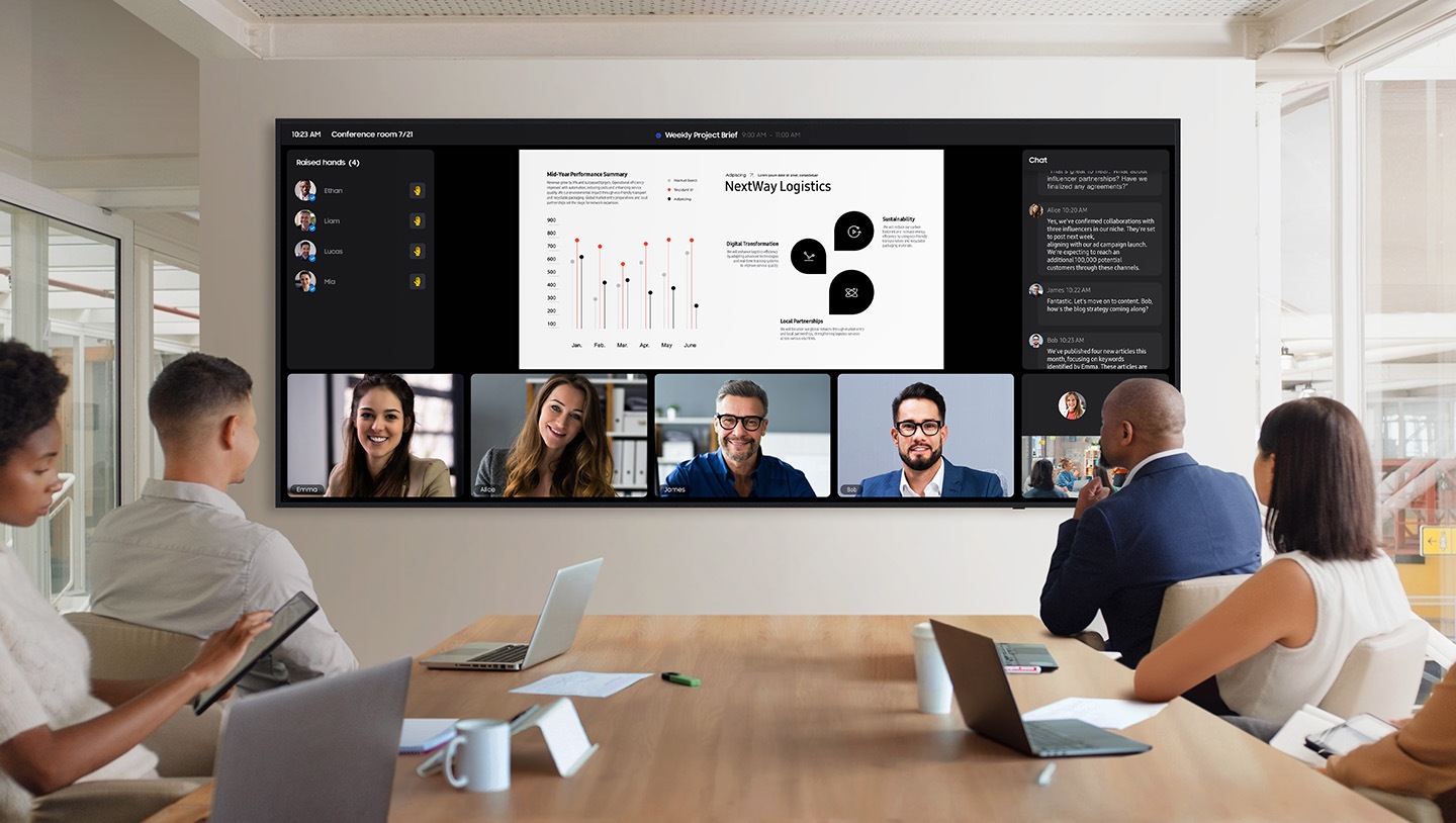Група от петима души е седнала на конферентна маса, с лице към голям стенен дисплей, който показва видеоконференция. Екранът разполага с презентация в центъра, видео емисии на участници в долната част и панел за чат вдясно. Настройката подчертава среда за съвместна среща.