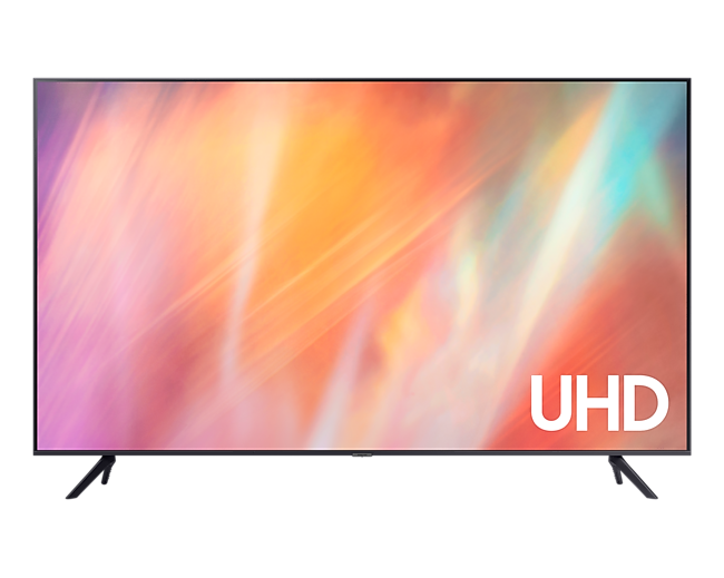 Check harga TV 50 inch now. 4K UHD Smart TV AU7000 in grey, seen from the front