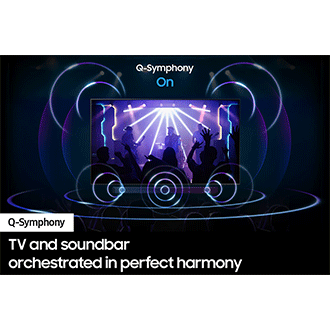 The Q-Symphony is turned on and the Soundbar and TV are activated.
