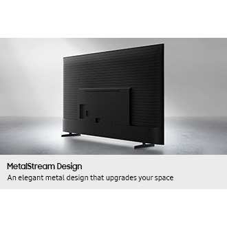 The back view of a TV with MetalStream Design. It features a black finish metal body with a ridged pattern.