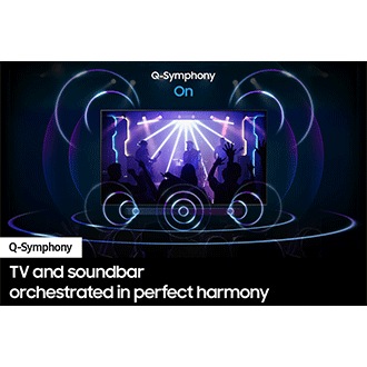 The Q-Symphony is turned on and the Soundbar and TV are activated.