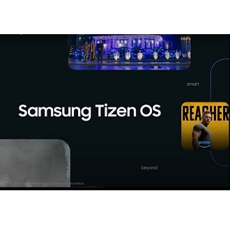 A Samsung Tizen OS screen displays content options.