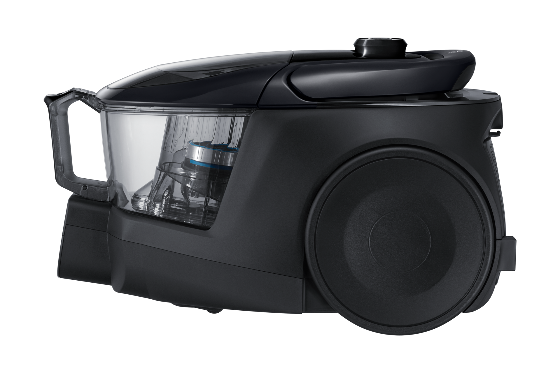 Check the price of this canister vacuum cleaner (VC18M3160VG/ME) in black at Samsung Malaysia. 380W Canister Bagless with Anti-Tangle Turbine, right side view.