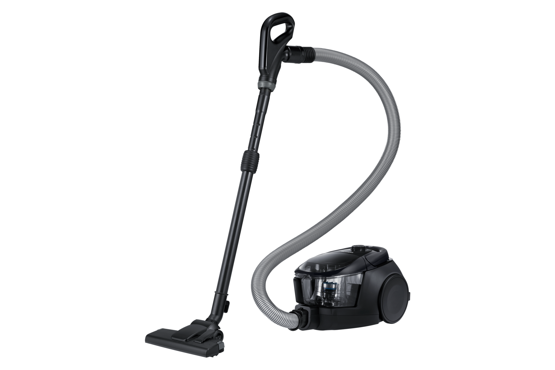 Explore this canister vacuum cleaner (VC18M3160VG/ME) at Samsung Malaysia. Canister Bagless 380W with 2-in-1 accessory in black, dynamic view.