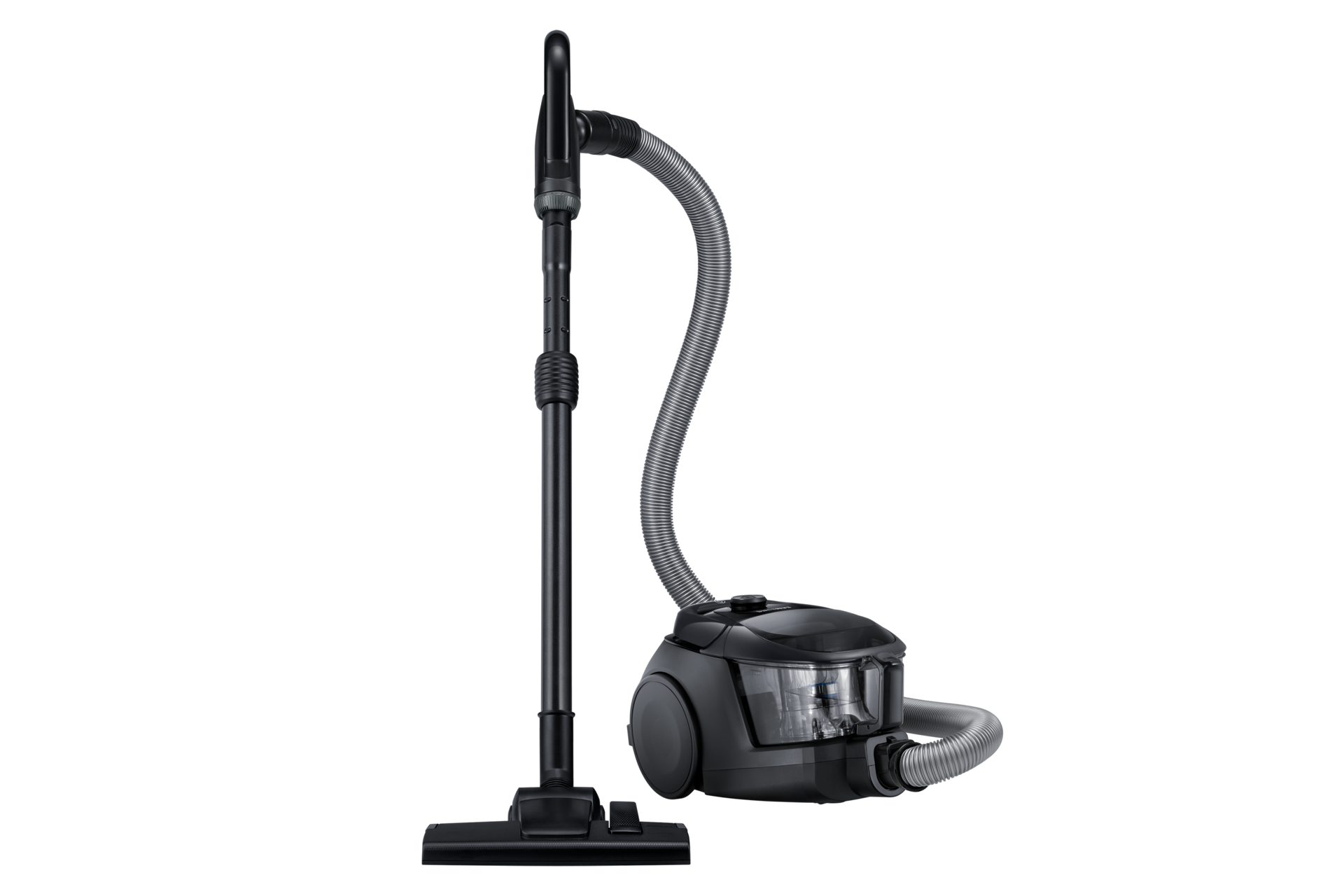 Bagless canister vacuum cleaner (VC18M3160VG/ME) with 380W suction power and 2-in-1 accessory in black, dynamic view. See all Samsung vacuum cleaners now.