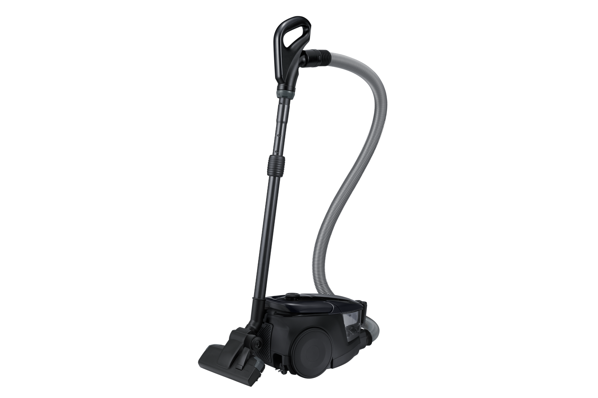 Bagless canister vacuum cleaner (VC18M3160VG/ME) with 380W suction power and CycloneForce™ in black, dynamic view. Compare all Samsung vacuum cleaners now.