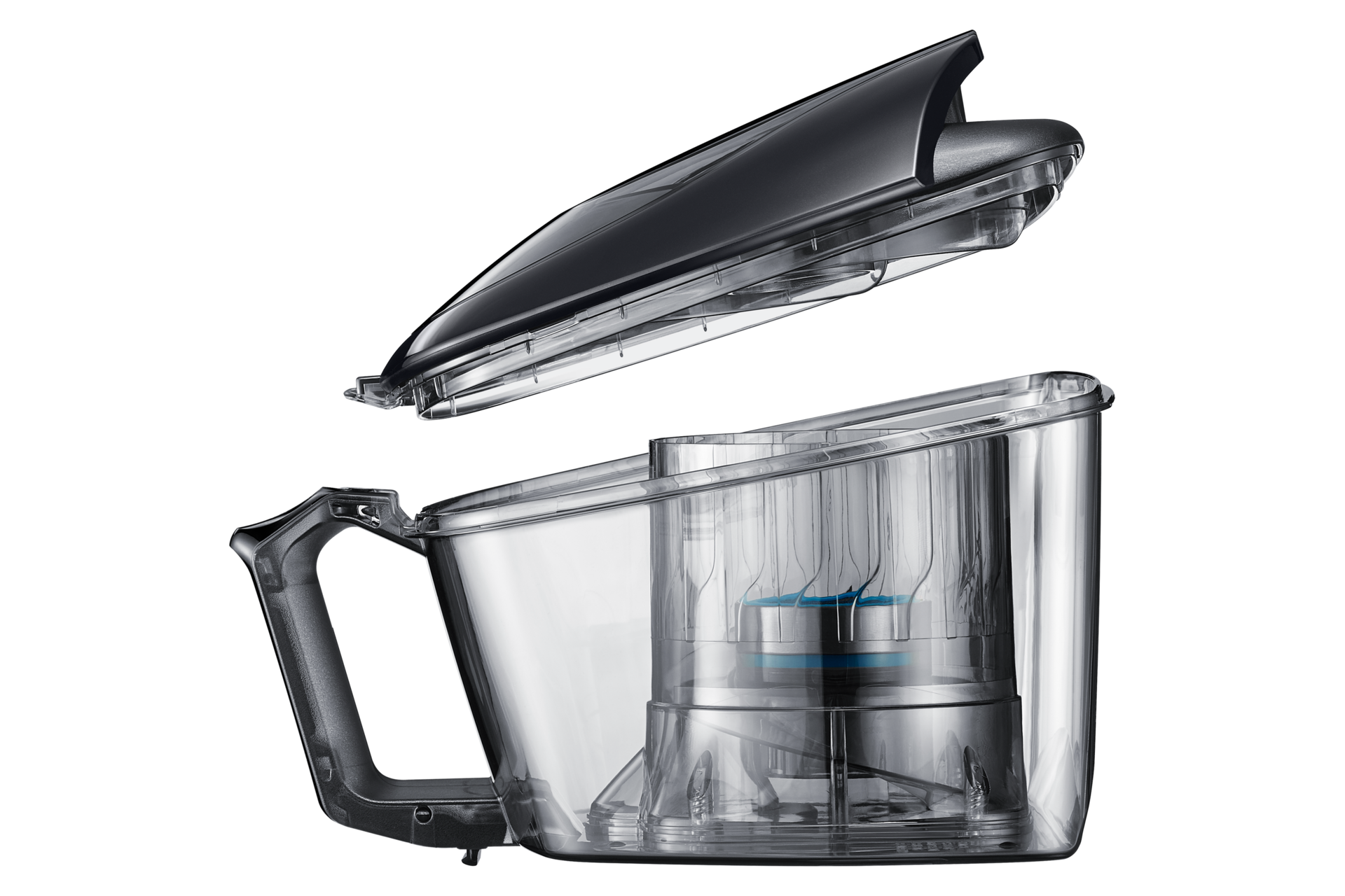 The detachable 2L dustbin for the canister vacuum cleaner (VC18M3160VG/ME) with the lid opened, left side view. Buy Samsung vacuum cleaners at best price now.