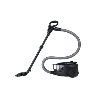 Discover this Samsung vacuum cleaner specs now. Canister Bagless vacuum cleaner (VC18M3160VG/ME) 380W with 2-in-1 accessory in black, right side view.