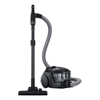 Bagless canister vacuum cleaner (VC18M3160VG/ME) with 380W suction power and 2-in-1 accessory in black, dynamic view. See all Samsung vacuum cleaners now.