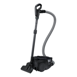 Bagless canister vacuum cleaner (VC18M3160VG/ME) with 380W suction power and CycloneForce™ in black, dynamic view. Compare all Samsung vacuum cleaners now.