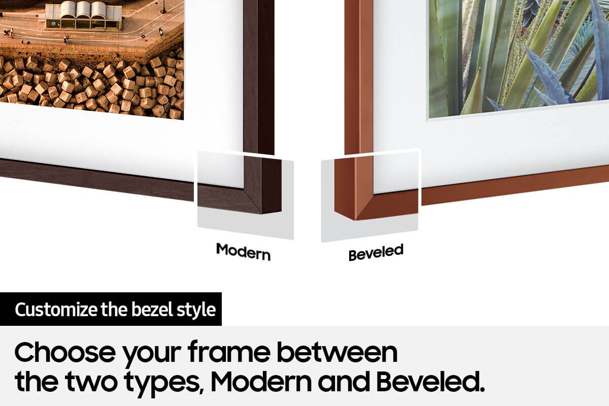 Customizable Frame Bezel is showing The Frame's Modern and  Beveled bezel styles.