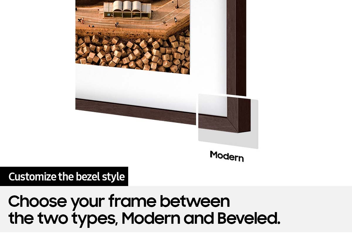 Customizable Frame Bezel is showing The Frame's Modern and  Beveled bezel styles.