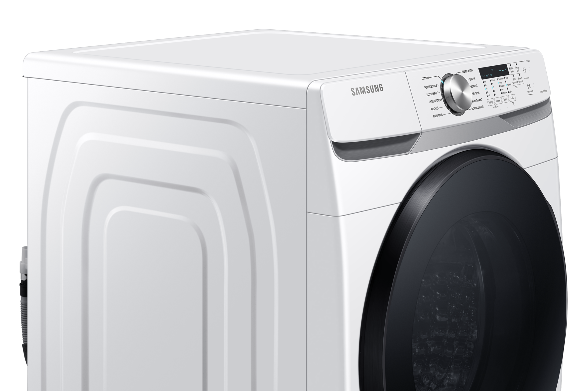 Upper half perspective of the 17kg washing machine front load (WF17T6000GW/FQ) in white, seen from a left angle. Compare all front loader washers now.