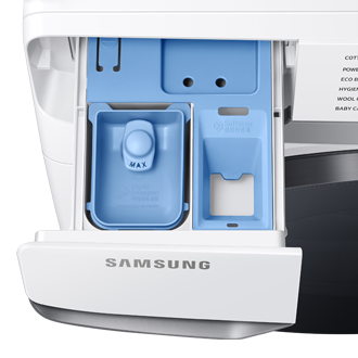 Shop for Samsung washing machine front load now. The view inside of an opened detergent dispenser of the 17kg front load washer (WF17T6000GW/FQ) in white.
