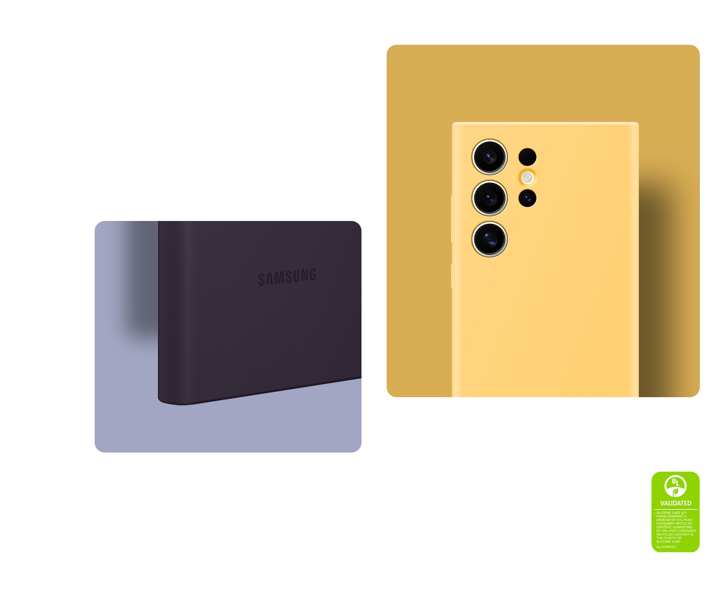 Le Galaxy S24 Ultra est présenté devant un arrière-plan mauve, mettant l’accent sur la façon dont l’étui s’adapte aux bords. Sur la droite, on voit le Galaxy S24 Ultra sur fond jaune de face. Le texte indique que L’ÉTUI EN SILICONE CERTIFIÉ UL (EF-PS928) CONTIENT AU MOINS 31 % DE MATIÈRES RECYCLÉES POST-CONSOMMATION, AVEC 50 % DE MATIÈRES RECYCLÉES POST-CONSOMMATION DANS LE PLASTIQUE DE L’ÉTUI EN SILICONE. UL.COM/ECV