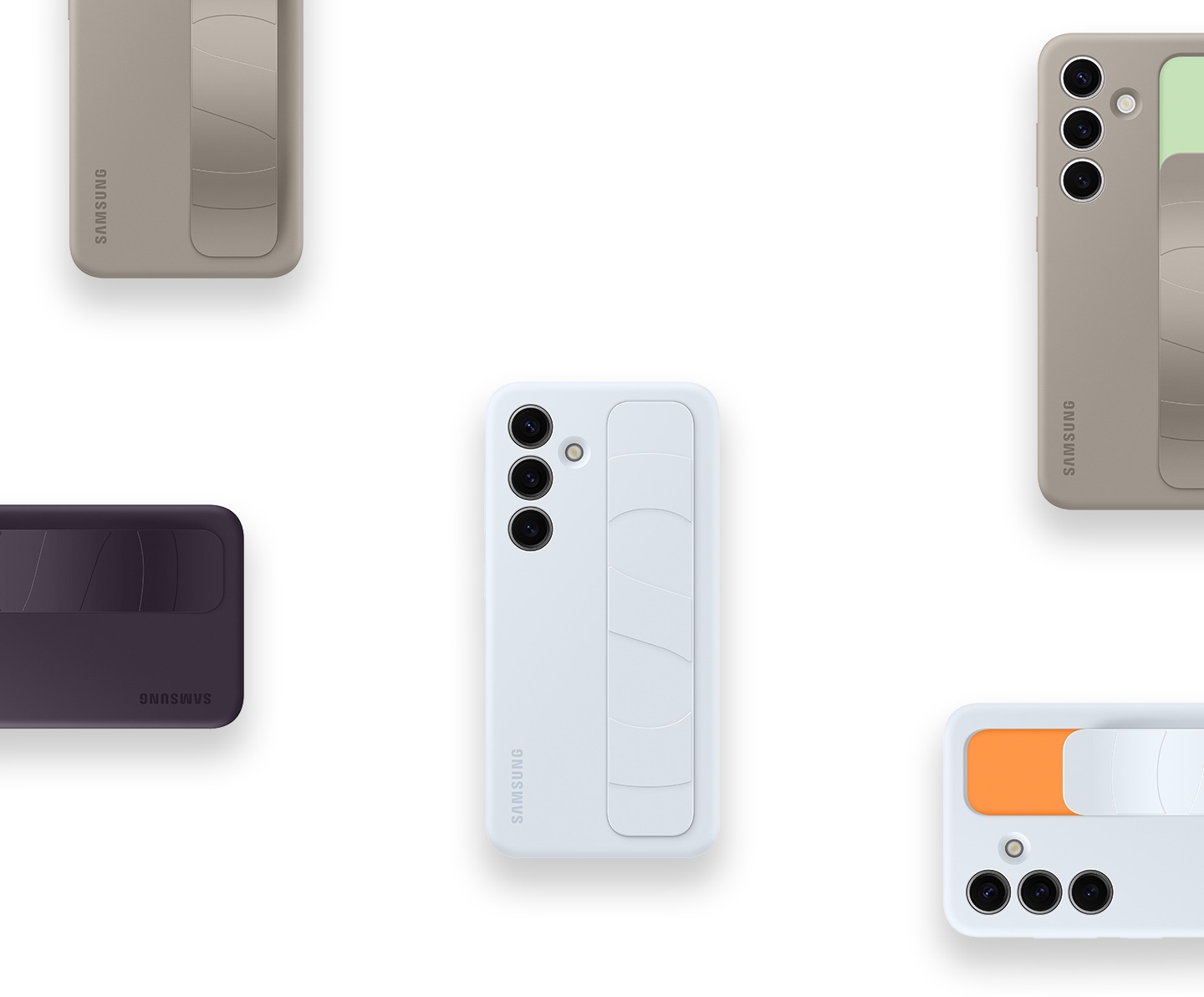 Les étuis ergonomiques verticaux Bleu Clair, Taupe et Prune Foncé du Galaxy S24 sont disposés de manière ordonnée, ce qui montre la polyvalence du produit. Affichée sans bordures, la forme rectangulaire de l’étui véhicule une impression d’organisation.