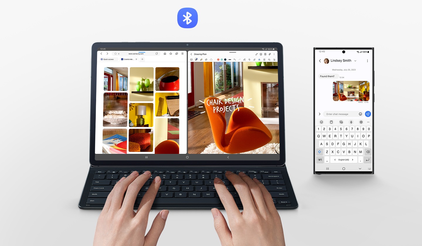 Une personne utilise la Galaxy Tab S9+ avec le Book Cover Keyboard fin. Son écran est divisé en deux fenêtres avec plusieurs résultats d’images de mobilier d’intérieur sur le Web, et l’une des images en cours de modification. Un smartphone Galaxy avec l’image à l’écran pendant que les lettres sont tapées avec le clavier de l’étui. Le logo Bluetooth est affiché.