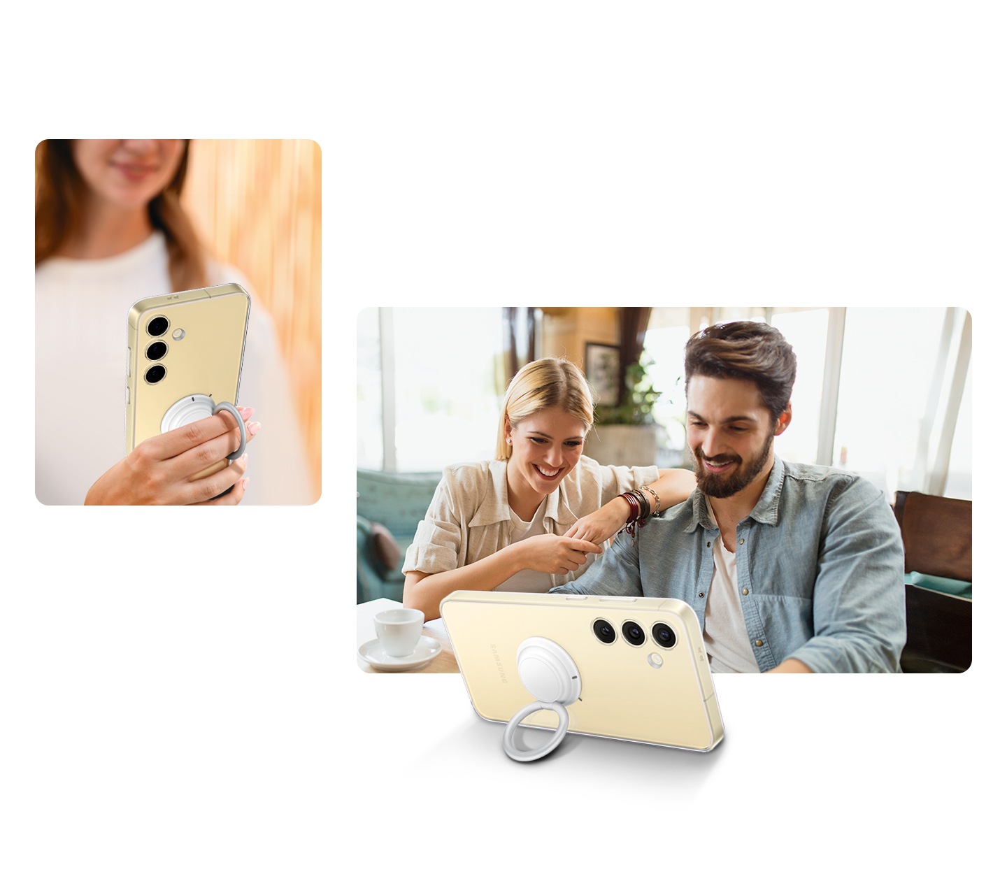 Gros plan d’une femme tenant la poignée de l’étui gadget transparent avec une grande facilité. Ensuite, on voit un couple avec le Galaxy S24 Plus dans l’étui gadget transparent, avec la poignée réglée comme pied pour un visionnement mains libres.