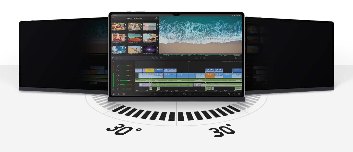 Vue avant de la Galaxy Tab S9 Ultra en mode paysage avec l’écran de confidentialité appliqué avec l’écran facilement visible à moins de 30 degrés. Les appareils à gauche et à droite, debout avec des angles inclinés, semblent noircis.