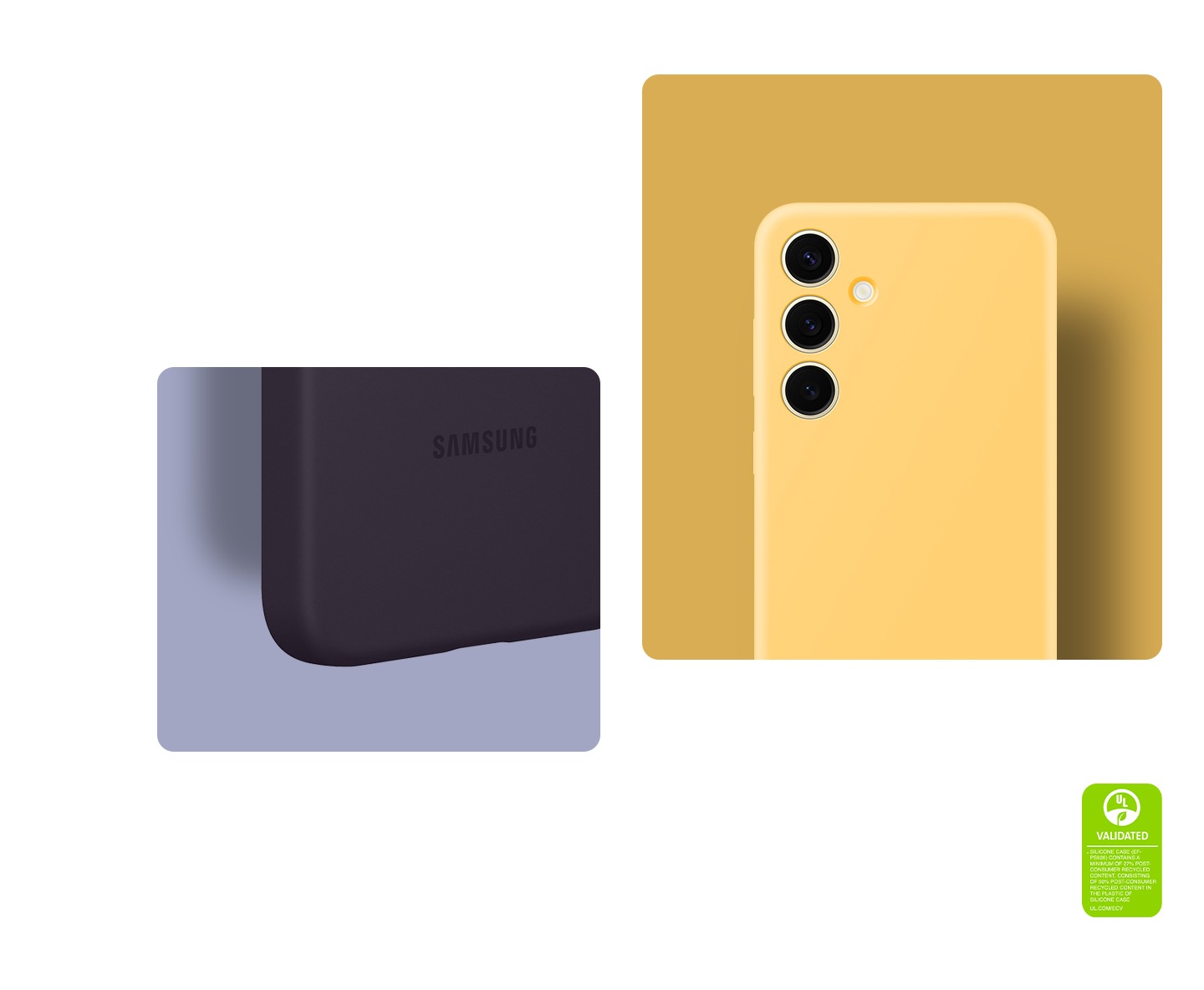 Le Galaxy S24 Plus est présenté devant un arrière-plan mauve, mettant l’accent sur la façon dont l’étui s’adapte aux bords. Sur la droite, on voit le Galaxy S24 Plus sur fond jaune de face. Le texte indique que L’ÉTUI EN SILICONE CERTIFIÉ UL (EF-PS926) CONTIENT AU MOINS 27 % DE MATIÈRES RECYCLÉES POST-CONSOMMATION, AVEC 50 % DE MATIÈRES RECYCLÉES POST-CONSOMMATION DANS LE PLASTIQUE DE L’ÉTUI EN SILICONE. UL.COM/ECV