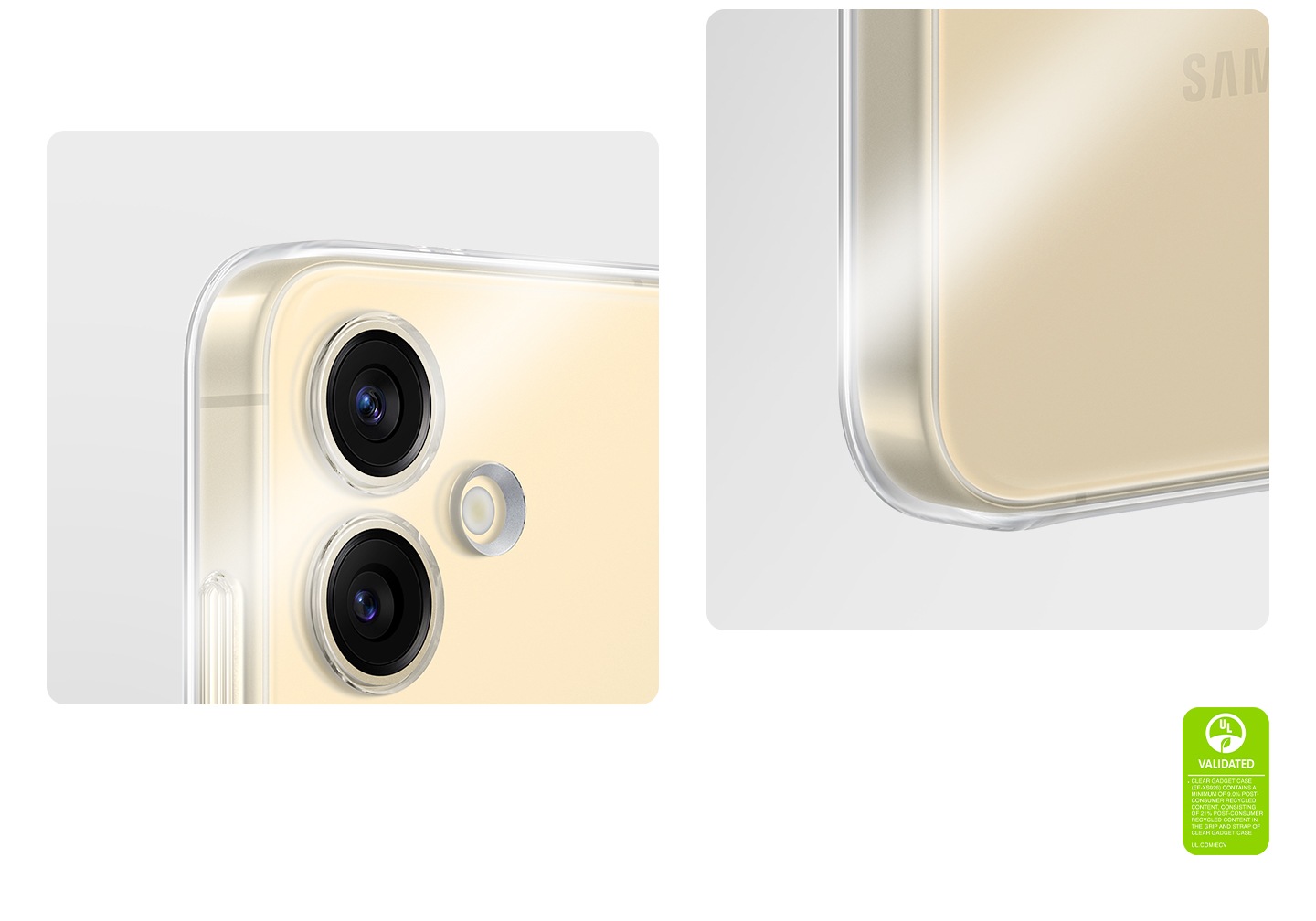 Le gros plan du Galaxy S24 Plus dans l’étui gadget transparent met l’accent sur les bords de l’appareil, montrant la transparence de l’étui. Il y a un effet de mouvement qui ajoute de la luminosité pour mettre en évidence la transparence de l’étui. Le texte indique que L’ÉTUI GADGET TRANSPARENT CERTIFIÉ UL (EF-XS926) CONTIENT AU MOINS 9,0 % DE MATIÈRES RECYCLÉES POST-CONSOMMATION, AVEC 21 % DE MATIÈRES RECYCLÉES POST-CONSOMMATION DANS LA POIGNÉE ET LA SANGLE DE L’ÉTUI GADGET TRANSPARENT. UL.COM/ECV