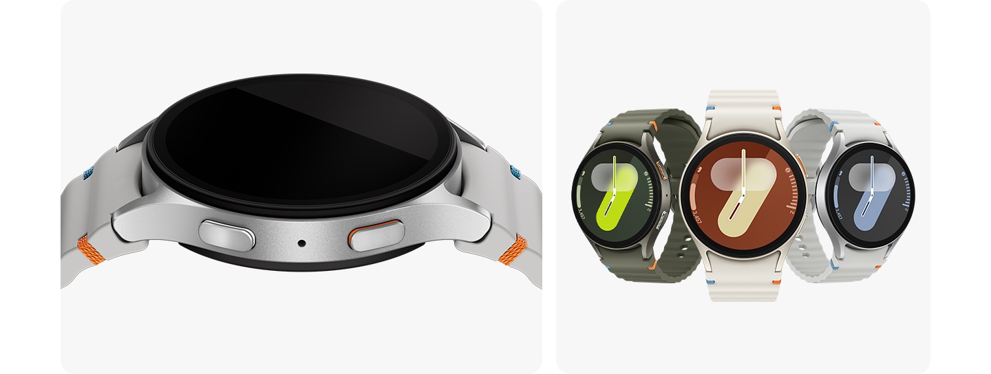 Une Galaxy Watch7 orientée vers le haut est vue en gros plan, mettant en valeur son design flottant. Trois autres Galaxy Watch7 sont orientées vers l’avant sous des angles légèrement différents pour montrer le design global.