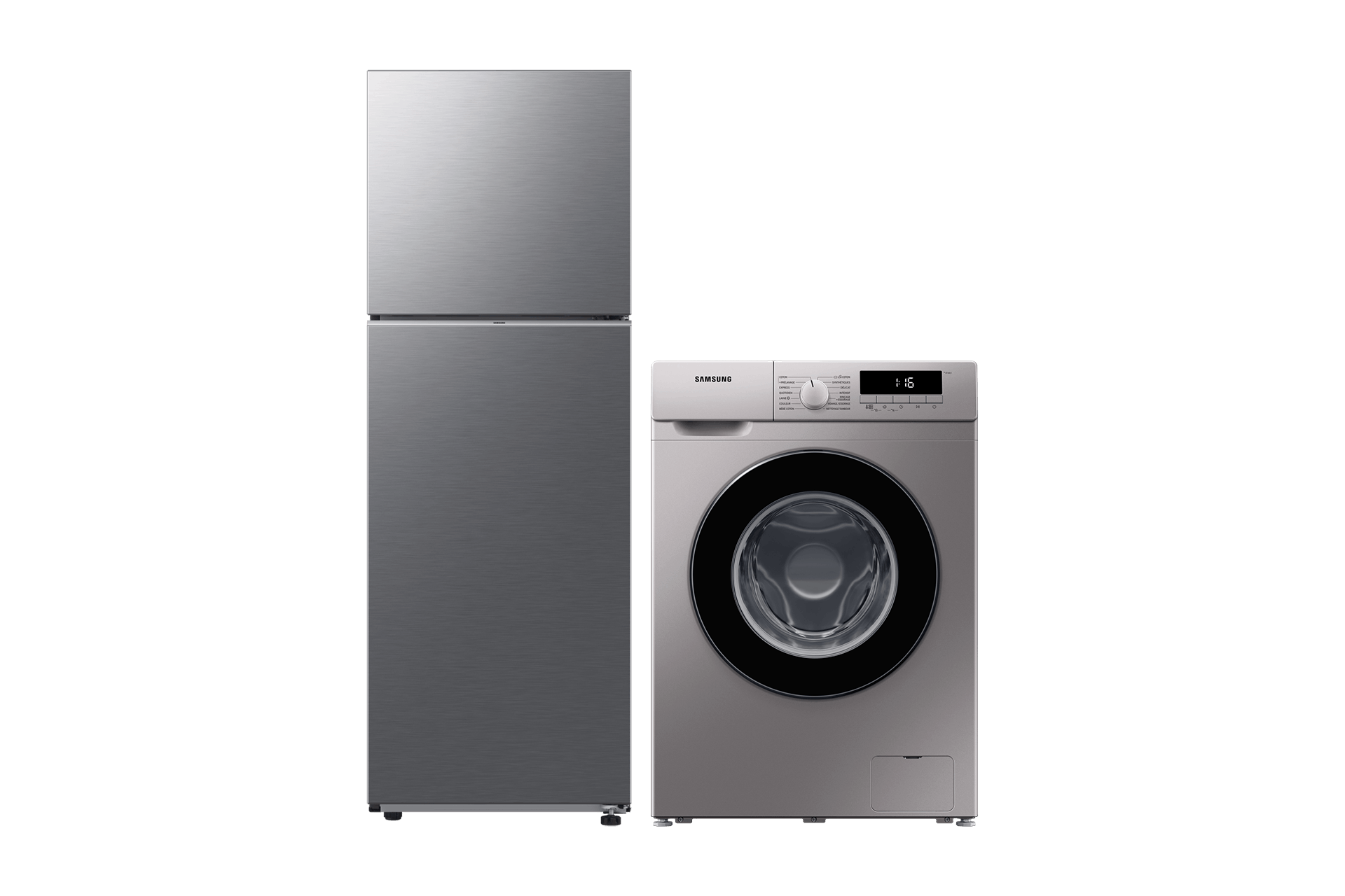 Pack Réfrigérateur deux portes 345L et Lave-Linge 8Kg Refined Inox