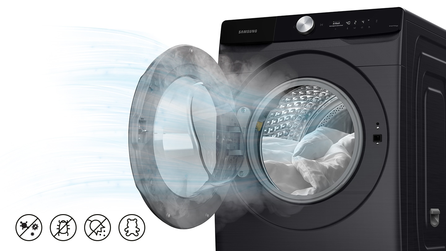 A strong airflow is coming out from the WD6000T, and the icons below describe bacteria and germ removal.