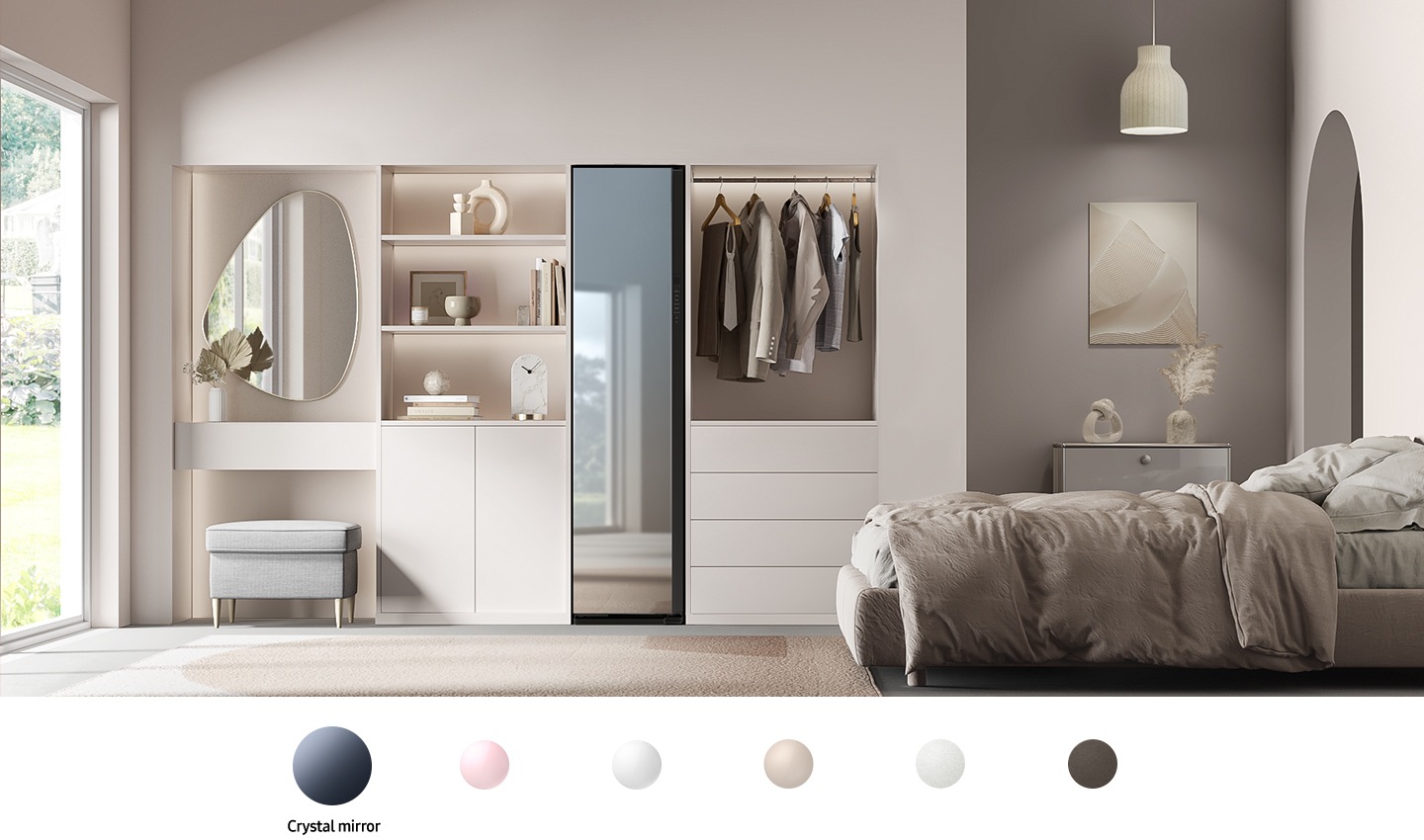 Bespoke AirDresser est installé dans la chambre à coucher et les couleurs sont miroir cristal, rose glam, blanc glam, beige satiné, blanc cotta, charbon cotta.