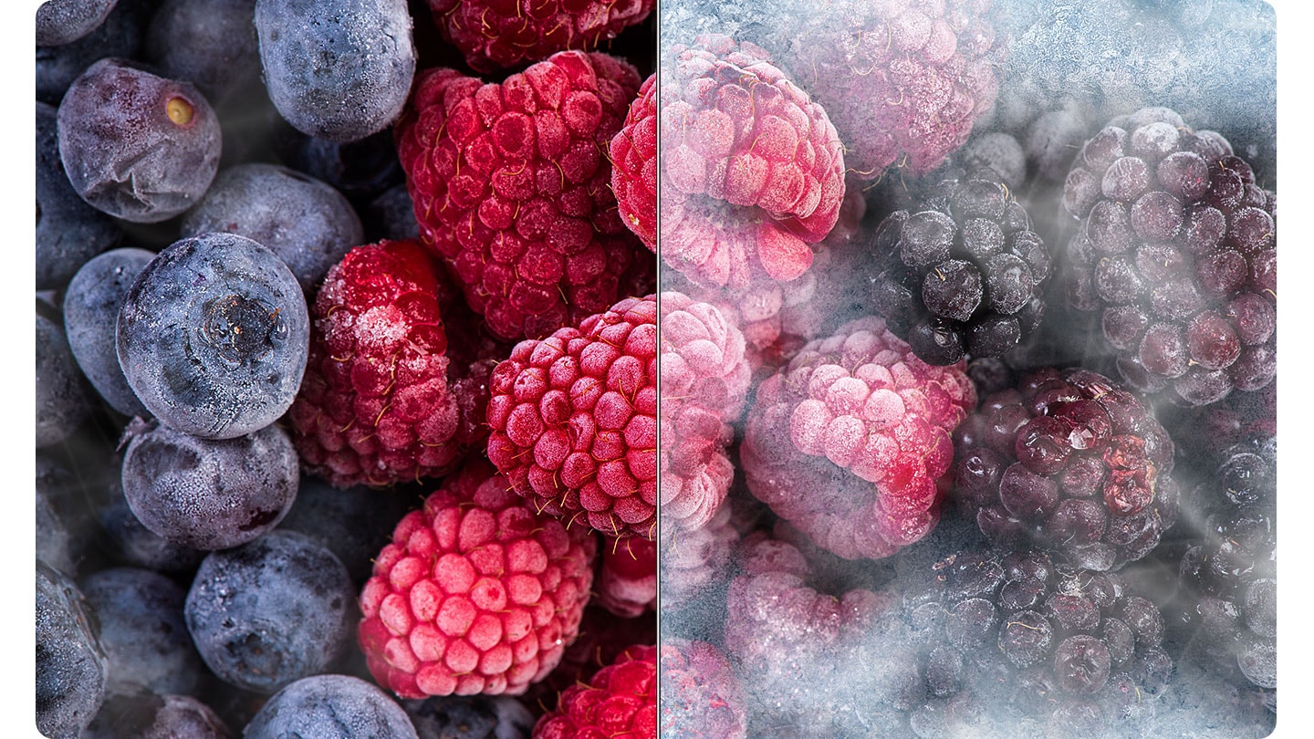 The blueberries and raspberries on the left is frost-free and looks fresh. The blueberries and raspberries on the right are frozen.