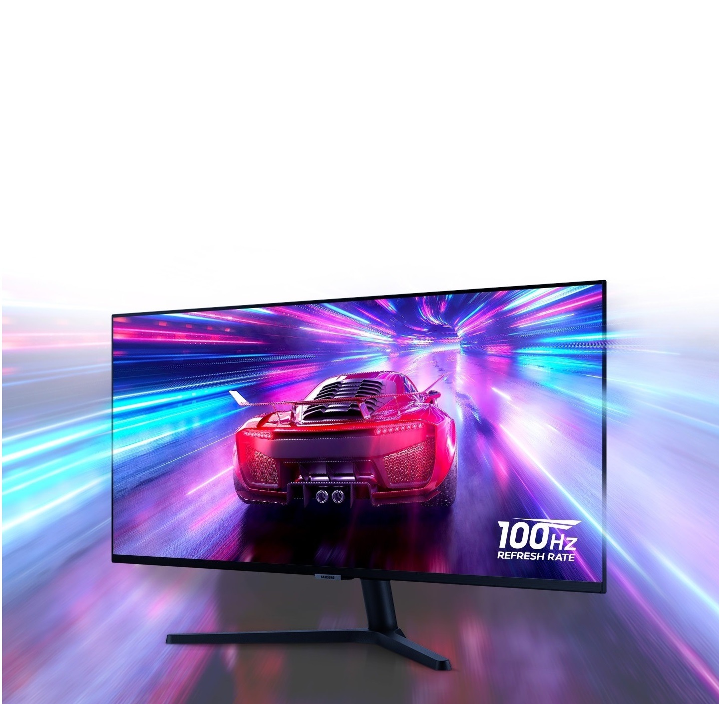 S50GC monitor shows a car speeding away from the camera in a multi-colored tunnel. The smooth picture even at high-speed demonstrates the 100Hz refresh rate.