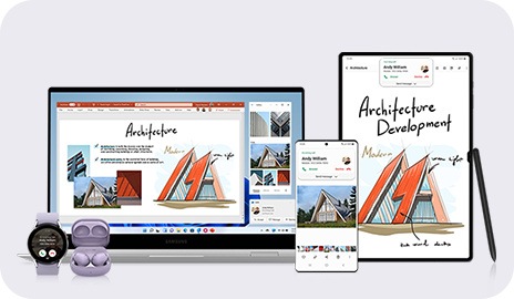 Diferentes dispositivos de galáxias podem ser vistos. Da esquerda, o Galaxy Watch, Galaxy Buds, Galaxy Book, Galaxy Smartphone, Galaxy Tab e S Pen. Algumas partes do desenho na guia Galaxy estão em uma exibição de documentos no Livro do Galaxy. A tela do aplicativo da galeria no smartphone Galaxy é exibida no livro Galaxy. We Galaxy Watch, Galaxy Book, Galaxy Smartphone e Galaxy Tab, uma notificação de uma chamada recebida é exibida