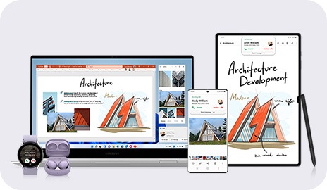 Different Galaxy devices can be seen. From the left is Galaxy Watch, Galaxy Buds, Galaxy Book, Galaxy smartphone, Galaxy Tab and S Pen. Some parts of the drawing on Galaxy Tab are on a document displayed on Galaxy Book. Gallery app screen on Galaxy smartphone is displayed on Galaxy Book. On Galaxy Watch, Galaxy Book, Galaxy smartphone and Galaxy Tab, a notification of an incoming call is displayed.